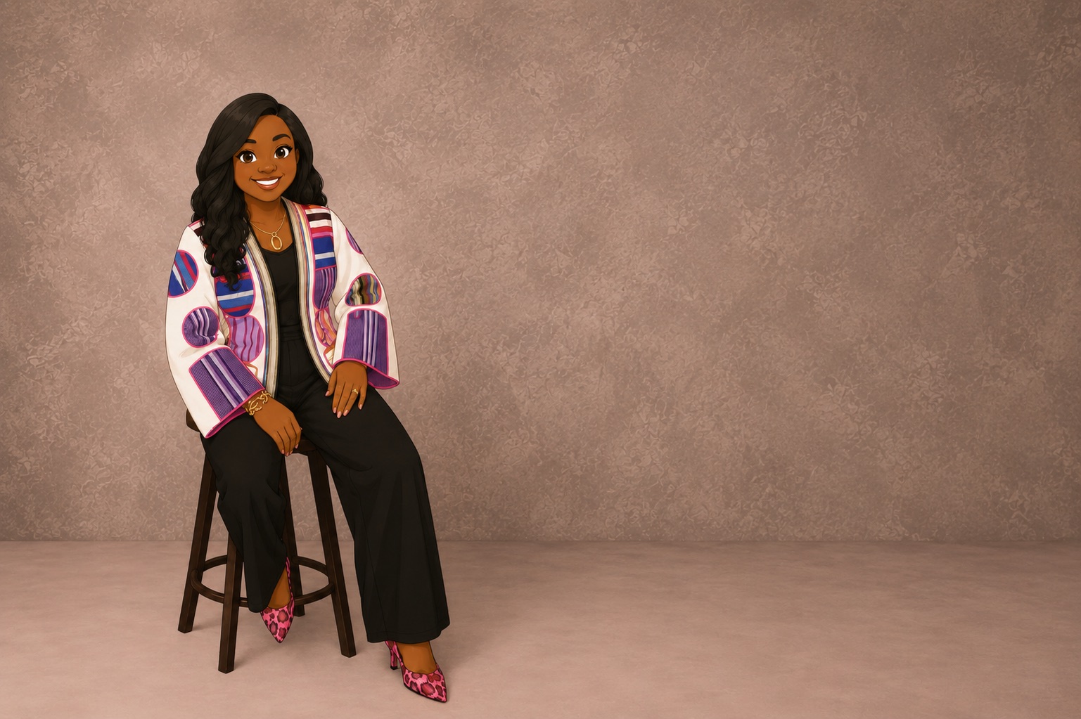 Mrs. Disu, the illustrated character, seated on a stool in her patterned jacket and smiling