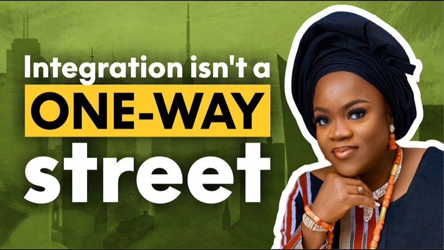 Title card reading Integration isn&rsquo;t a one-way street, beside a portrait of Busayo Disu in a navy gele