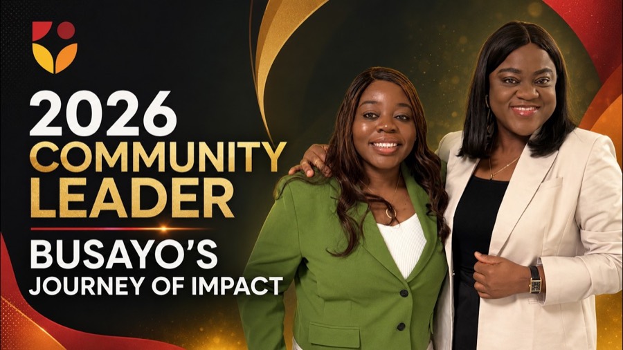 Title card reading 2026 Community Leader, Busayo&rsquo;s journey of impact, beside Busayo Disu and her interviewer