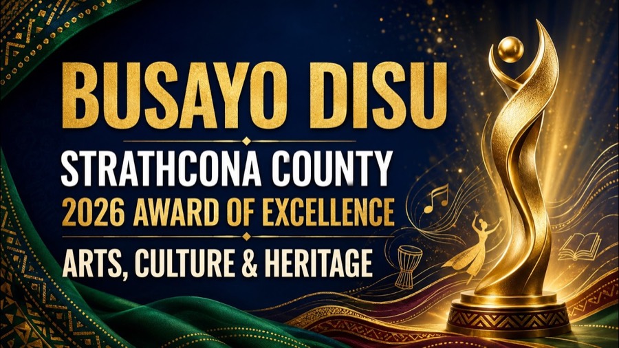 Title card reading Busayo Disu, Strathcona County 2026 Award of Excellence, Arts, Culture and Heritage, beside a gold trophy