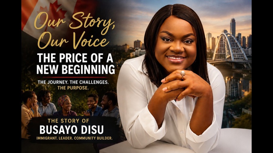 Key art for The Price of a New Beginning: Busayo Disu against an Edmonton skyline, with a group of people talking beneath the title