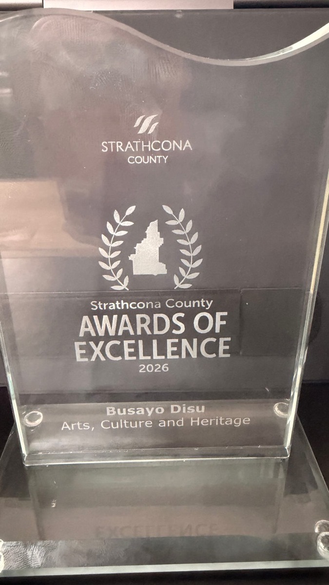 Strathcona County Award of Excellence 2026 trophy, Arts, Culture and Heritage, engraved for Busayo Disu