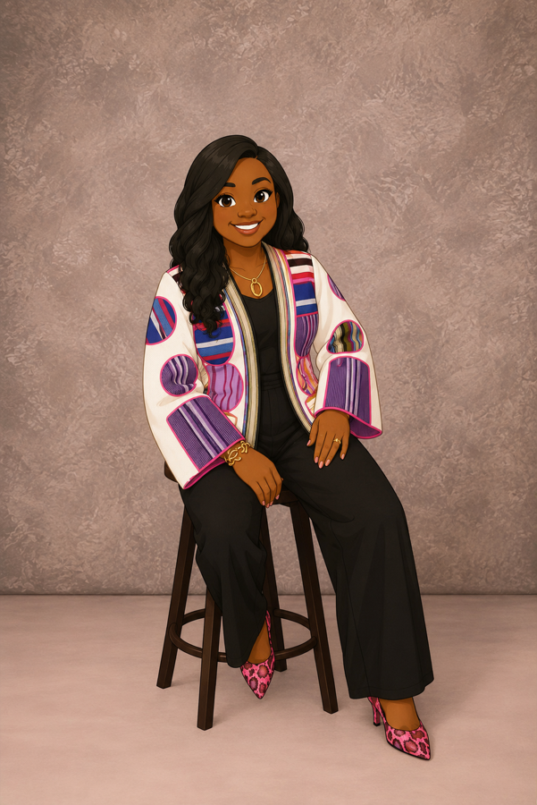 Mrs. Disu, the illustrated character, seated and smiling