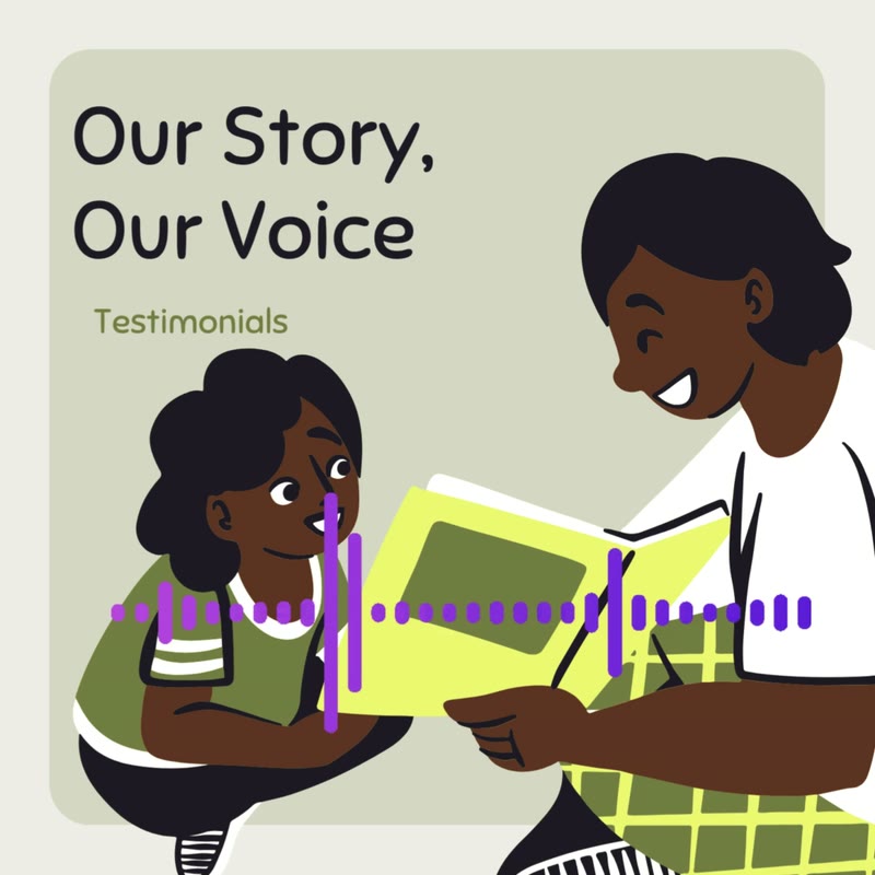 Cover card for the Our Story, Our Voice testimonials: a drawing of an adult and a child reading the book together, with a sound wave across it